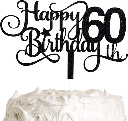 Black Glitter 60th Birthday Cake Topper, Happy 60th Birthday Cake Topper, 60th Birthday Party Decorations...