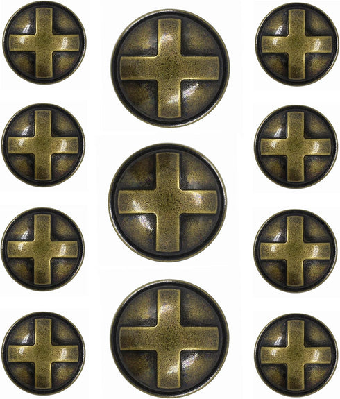 Bezelry Cross Domed Antique Brass Metal Shank Buttons. Blazer Button Set. 3 Pcs of 25mm, 8 Pcs of 18mm...