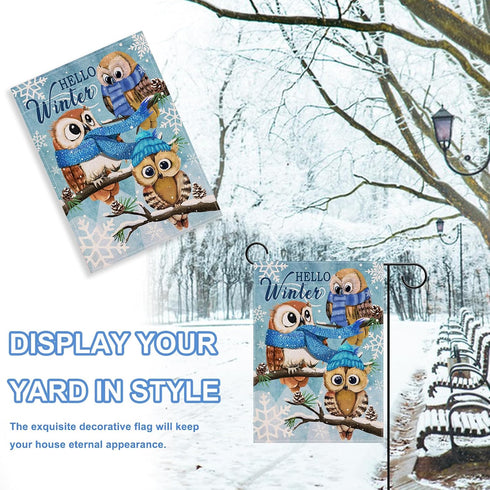 Home Decorative Hello Winter Owls Family Garden Flag, Animals Yard Outside Decorations, Snow Farmhouse Outdoor Small Decor Double Sided 12x18...