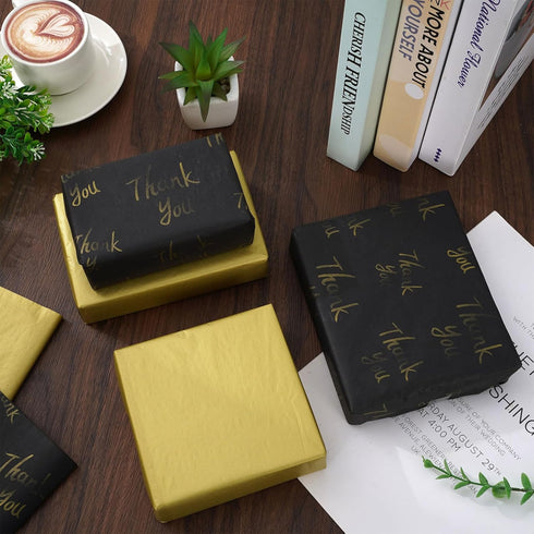 Whaline 100 Sheets Black Gold Tissue Paper Gold Thank You Gift Wrapping Paper Metallic Decorative Art Paper for DIY Crafts Birthday Baby Shower Pa...