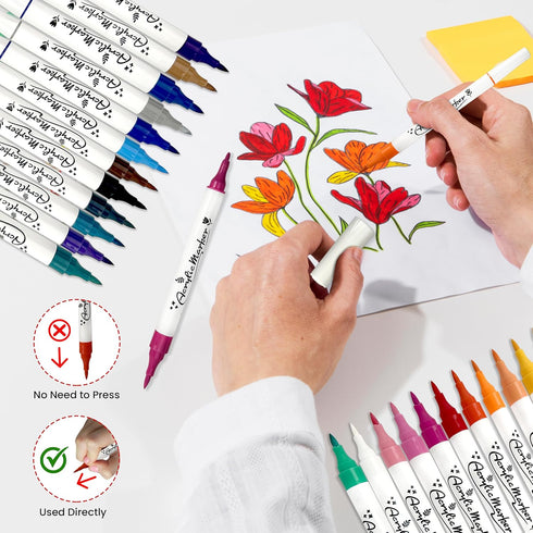 Scribbeo 24 Acrylic Marker Set with Dual Tip, Fine tip - Brush tip markers, Acrylic Markers Paint Pens for Rock Painting, Wood, Canvas, Stone, Gla...