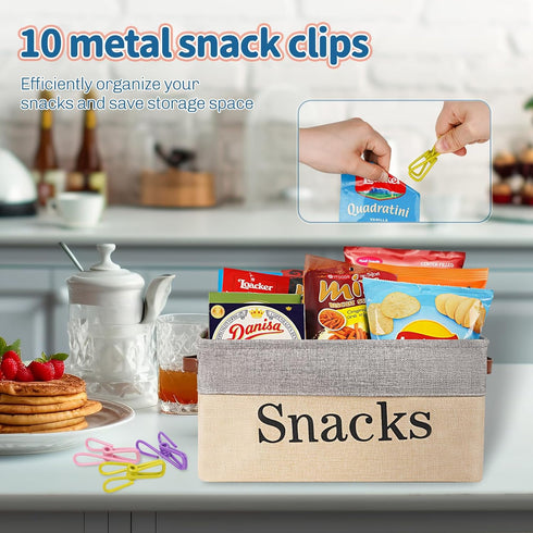 Snack Organizer for Countertop, Snack Storage Containers for Pantry with 10 Chip Clips, Burlap Snack Basket Organizer and Snack Bin for Kitchen Or...