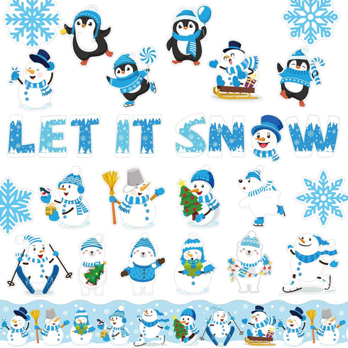 74pcs Winter Bulletin Board Classroom Decor LET IT Snow Cutouts Self-Adhesive Christmas Accent Cut Outs with Snowflake Snowman Patterns for Xmas W...