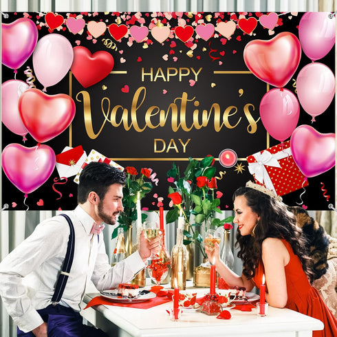 Sumind Happy Valentine‘s Day Banner 73''x43'' Heart Photography Backdrop Large Valentines Day Background Party Decorations Photo Booth Prop(Black ...