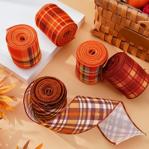 Fall Wired Edge Ribbon 30 Yards 2.5 in Orange Check Plaids Fabric Ribbon Autumn Checkered Decorative Craft Ribbon for Thanksgiving Harvest Gift Wr...
