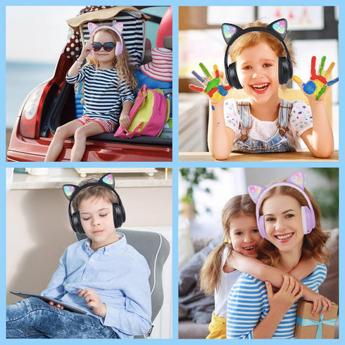 Wireless Kids Headphones for Boys Girls, Cat Ear LED Light Up Bluetooth Headphones with Microphone for School/Travel/Sports/Gaming/Gifts/Christmas...