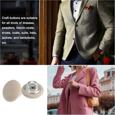 20pcs 16L Fabric Cloth Covered Button 10mm Round Metal Shank Sewing Buttons for Suits Dress Blouses, Beige...
