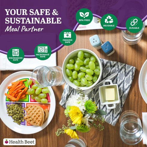 Health Beet MyPlate Portion Control Plate with Dairy Bowl - 4 Flat Sections for Fruit Grains Vegetable Proteins - Dishwasher & Microwave Safe Visu...