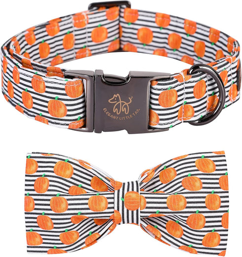 Elegant little tail Halloween Dog Collar, Pumpkin Print Pet Collar Bowtie Dog Collar Holiday Adjustable Pet Gift Collars for Small Medium Large Do...