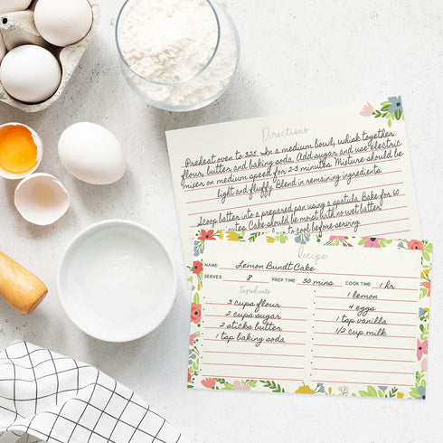 Modern Floral Recipe Cards / 50 Pack Of Double Sided Cooking Ingredients Cards / 6" x 4" Baking Directions Cards...