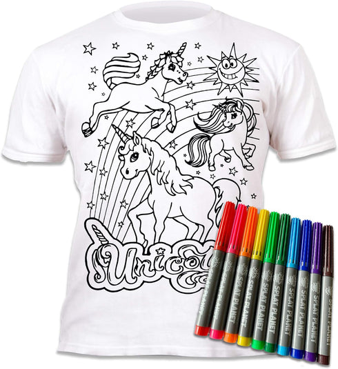 Splat Planet Colour-in Unicorn T-Shirt with 10 Non-Toxic Washable Magic Pens - Colour Your Own, Colour-in and Wash Out T-Shirt, Reusable Colouring...