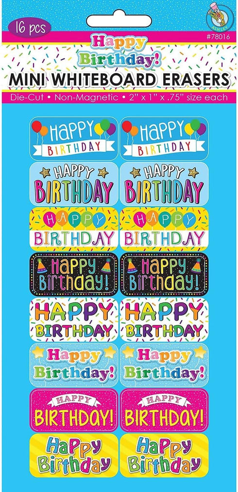 Ashley Productions Mini Whiteboard Erasers, Happy Birthday, 2" x 1" x 0.75", Pack of 16 (ASH78016)...