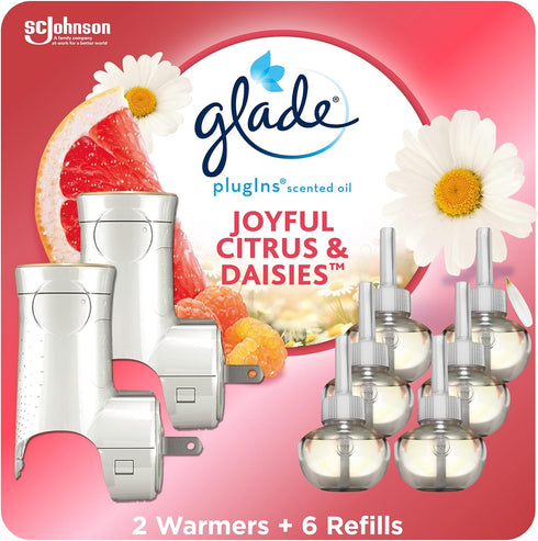 Glade PlugIns Refills Air Freshener Starter Kit, Scented and Essential Oils for Home and Bathroom, Joyful Citrus & Daisies 4.02 Fl Oz, 2 Warmers +...