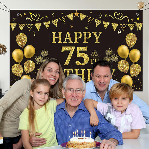 Trgowaul 75th Birthday Backdrop Gold and Black 5.9 X 3.6 Fts Happy Birthday Party Decorations Banner for Women Men Photography Supplies Background...