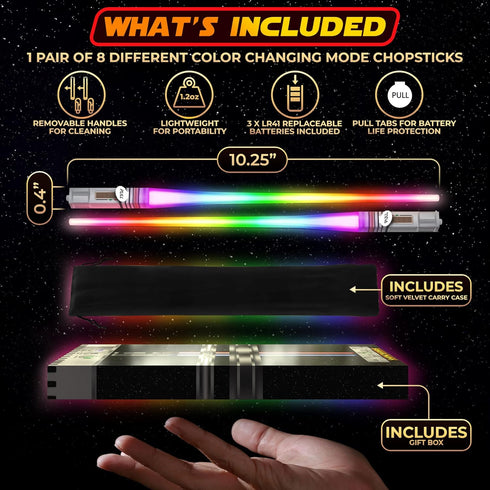 LIGHTSABER CHOPSTICKS LIGHT UP STAR WARS LED Glowing Light Saber Chop Sticks REUSABLE Sushi Lightup Sabers Removable Handle Dishwasher Safe 8 Colo...