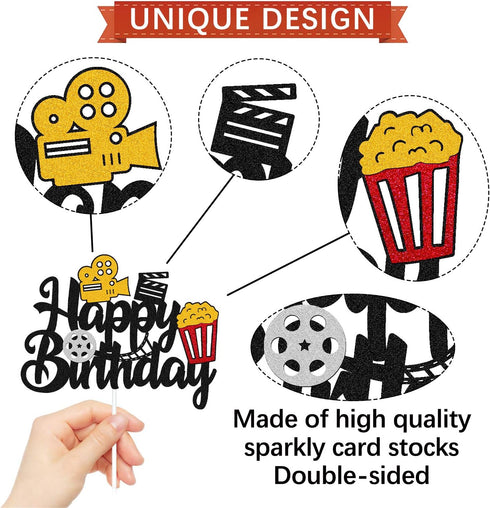 Film Cake Topper Movie Cinema Birthday Cake Decoration Happy Birthday Sign Cake Decor for Film Projector Movie Night Camera Popcorn Theater Theme ...
