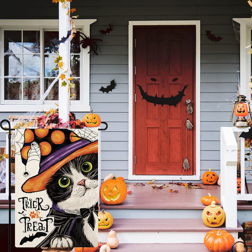 Black Cat Halloween Garden Flags for Outside, Trick or Treat Holiday Garden Flags 12x18 Double Sided, Cute Kitten Fall Holiday Yard Flag Winter La...