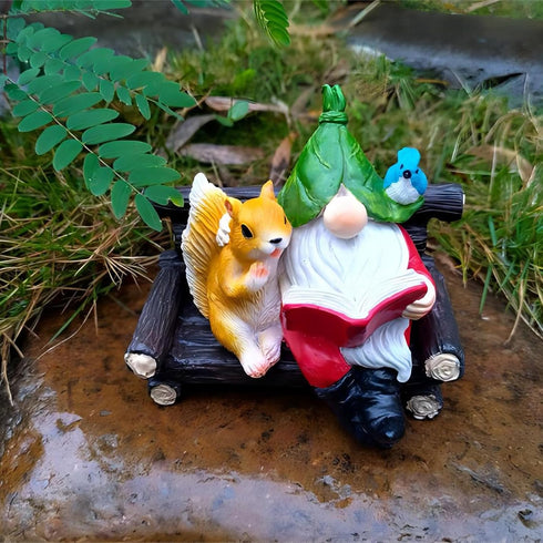 Garden Gnome Outdoor Statue, Resin Gnome Figurine with Squirrel Reading Book Hanging Decor, Resin Farmhouse Animal Hammock for Holiday Patio Yard ...