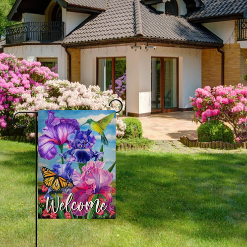 Welcome Spring Hummingbird Iris Garden Flag Double Sided, Purple Flower Bird Yellow Butterfly Decorative House Yard Outdoor Small Decor, Summer Fl...