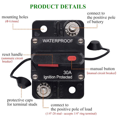 30 Amp Circuit Breaker with Manual Reset for Car Audio/RV Solar/Boat Trolling Motor/Truck Inverter/Marine Amplifier, DC 12V- 48V Circuit Protector...
