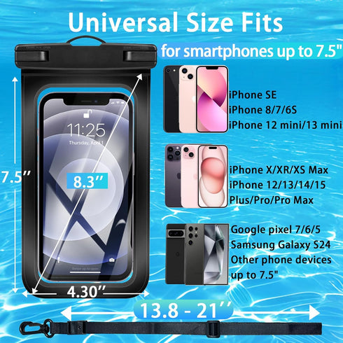 2 Pack Waterproof Phone Pouch with Adjustable Lanyard for iPhone 15 14 13 12 Pro Max, for Samsung Galaxy S24/S23 up to 7.5", IPX8 Water Proof Phon...