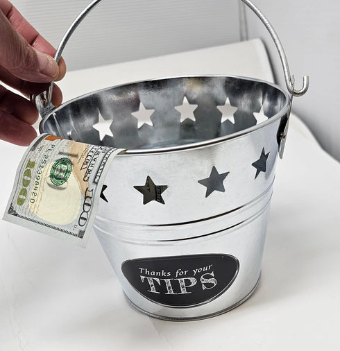 Tip Bucket Metal w/Stars Design for Bar, Club, Musicians, Bands, Street Performers | Bartenders Money Tip Jar 6 “ Diameter x 5.5” Hight...