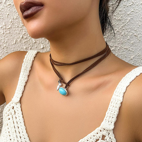 HTH Boho Choker Necklace for Women Layered Bohemian Turquoise Leather Choker Western Boho Necklace...