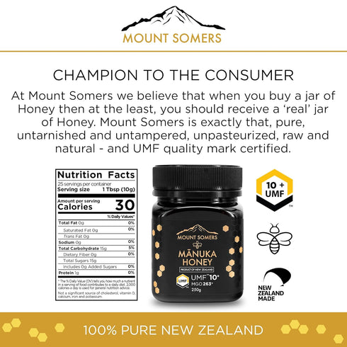 Mount Somers Premium Manuka Honey MGO 263+ / UMF 10+ - 100% Pure Non GMO New Zealand Manuka Honey - Genuine Natural Superfood - UMF Certified & Tr...