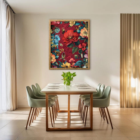 Posterizer 1 pcs-blue and blush flowers with red background-Floral & Botanical Art-Abstract & Modern Art-Decor for Home & Office- UNFRAMED Wall Ar...