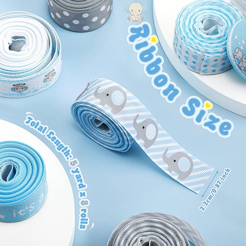 8 Roll Baby Elephant Grosgrain Ribbon 7/8 Inch Baby Shower Craft Ribbon It's a Boy/Girl Foot Print Ribbon for Gift Wrapping Baby Shower Gender Rev...