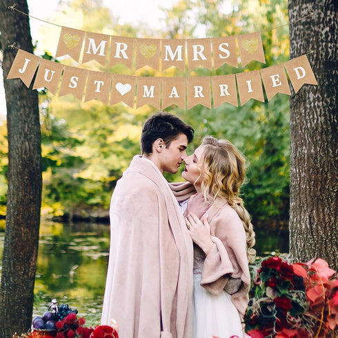 2 Pieces Mr and Mrs Banner Just Married Banner Burlap Wedding Bridal Shower Banner Rustic Bunting Garland for Wedding Party...