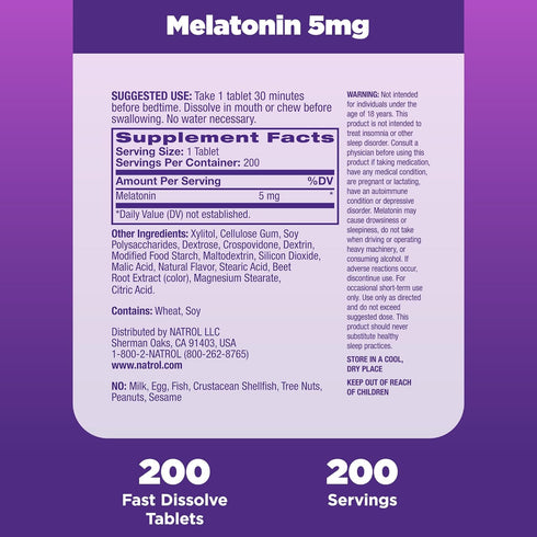 Natrol Sleep Melatonin 5mg Fast Dissolve Tablets, Nighttime Sleep Aid for Adults, 200 Strawberry-Flavored Melatonin Tablets, 200 Day Supply...