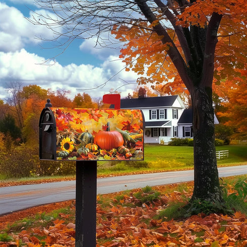 Autumn Fall Harvest Maple Leaves Pumpkin Mailbox Covers Waterproof Magnetic Durable Post Box Cover Wraps Standard Size 21x18 Inches for Outdoor Ga...