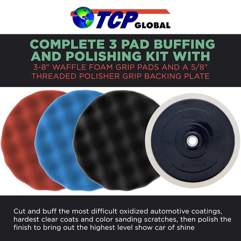 TCP Global Professional 3 Pad Buffing and Polishing Kit with 8 Inch Waffle Foam Pads for Car Detailing - Complete Polisher Buffing Pad Set with 5/...