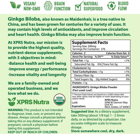 XPRS Nutra Organic Ginkgo Biloba Powder - Gingko Biloba Supplements for Cognition - Vegan Friendly Ginkoba Biloba Organic - Immunity Boosting Gink...