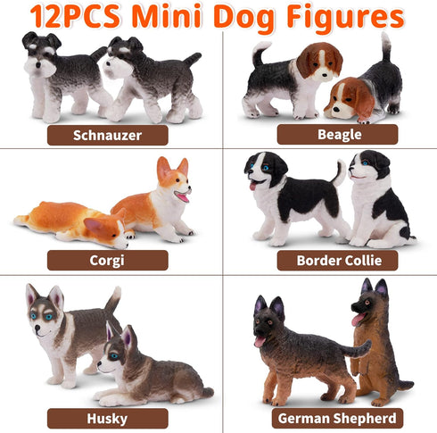 12PCS Dog Figurines Playset, Realistic Detailed Plastic Puppy Figures, Hand Painted Mini Dog Figures Toy Set Cake Toppers Birthday Easter Eggs Gif...