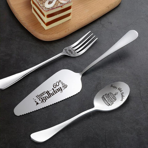 Happy 60th Birthday Personalized Laser-Engraved Stainless Steel Birthday Party Utensil Set - Cake Server, Spoon, and Fork for Mother Father Husban...