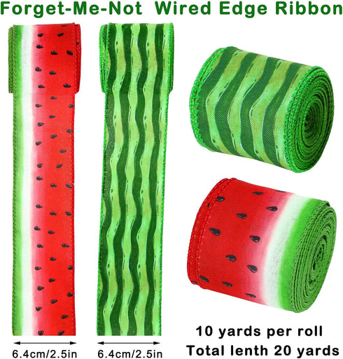 AnyDesign Summer Wired Edge Ribbon Watermelon Print Craft Ribbon Red Green Fruit Fabric Ribbon for Wreath Bow Making DIY Crafts Wrapping Party Dec...