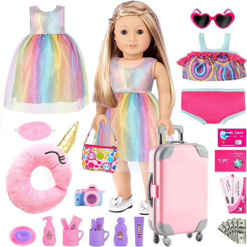 GIFTINBOX 29PCS 18 Inch Girl Doll Clothes and Accessories-Travel Play Set for Dolls, Doll Stuff with Clothes, Luggage, Swimsuit, Wallet cashes... ...