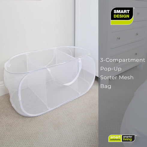 Smart Design Deluxe Mesh Pop Up 3 Compartment Laundry Sorter Hamper Basket - VentilAir Fabric Collapsible Design - for Clothes & Laundry - Home Or...