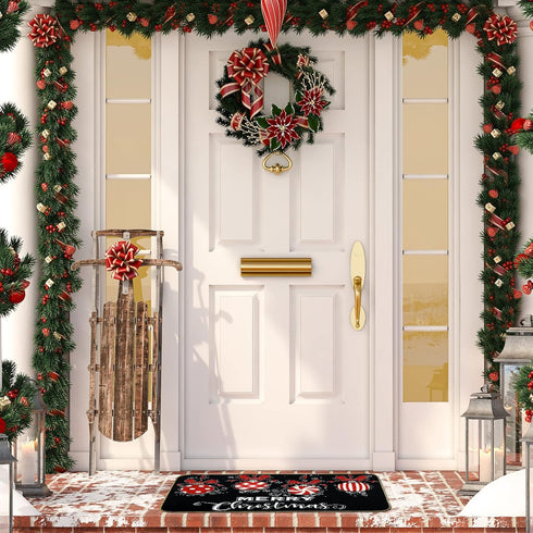 Merry Christmas Door Mat Black Red Christmas Ball Front Door Mat with Anti-Slip Rubber Back Xmas Holiday Indoor Outdoor Carpet for Home Office Kit...