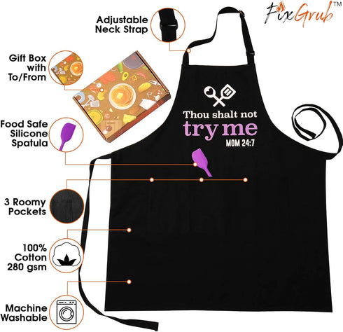 Cooking Apron for Mom with Spatula and Gift Box, Funny Kitchen Apron with 3 Pockets, Mom Gift, Cute Apron, Mother's Day Gift (Thou Shalt Not Try M...
