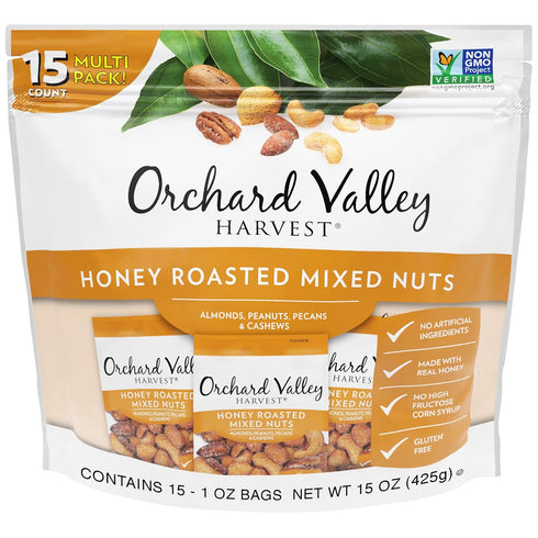 Orchard Valley Harvest Honey Roasted Mixed Nuts, 1 Ounce Bags (Pack of 15), Almonds, Peanuts, Pecans, and Cashews, Gluten Free, Non-GMO, No Artifi...
