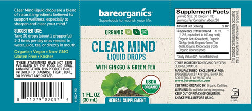 BareOrganics Clear Mind Liquid Drops, Herbal Supplement, Organic Drops, 1 Ounce...