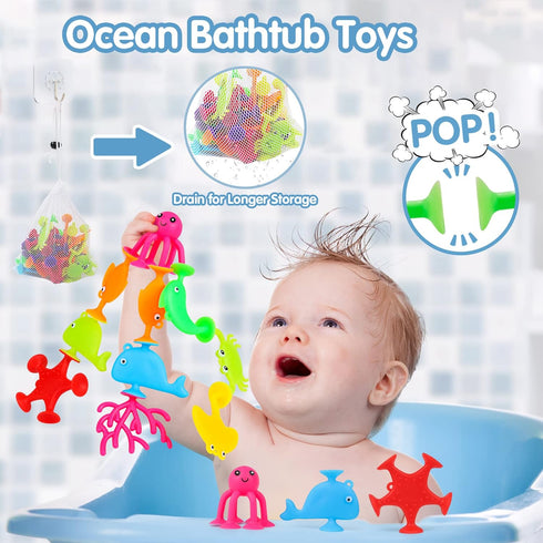 Baby Suction Cup Toys, Ocean Animals Sucker Toys with Mesh Bag Storage, 18 PCS Bath Toys for Kids Ages 4-8, Sensory, Window and Travel Toy, Montes...