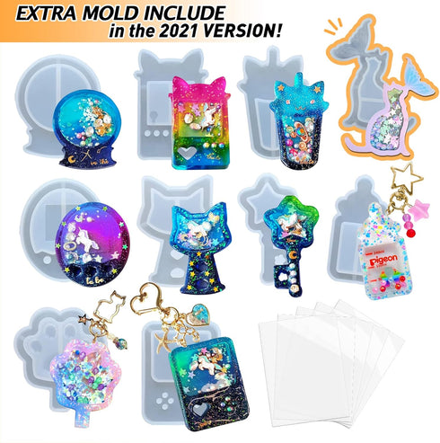 Resin Shaker Molds Set Game Consoles, Bottle, Cat's Paw, Crystal Ball 10 Silicone Trays with 5 Seal Films...