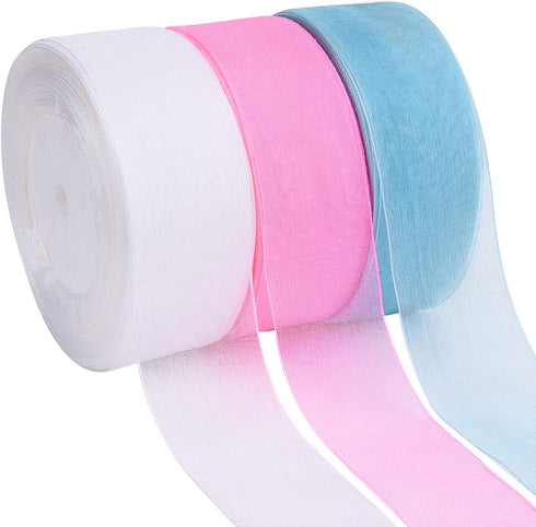 3 Rolls Sheer Chiffon Ribbons 1.5 Inches x 49 Yards/Each Roll for Wedding Gift Wrapping Home Decorations (Blue, White, Pink)...