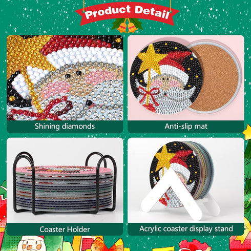 18 Pcs Christmas Diamond Painting Coasters Kits 4 Inch Coasters for Drinks with Cork Base Diamond Art Supplies Santa Claus Snowman Painting Kit fo...