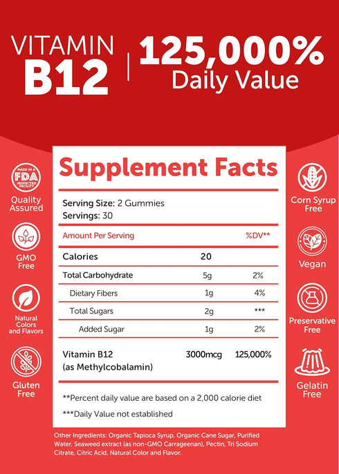 Lunakai Extra Strength 3000mcg Vitamin B12 Gummies - US Made, Delicious, Daily Energy and Metabolism Boost - Vegan B12 Methylcobalamin Supplement ...
