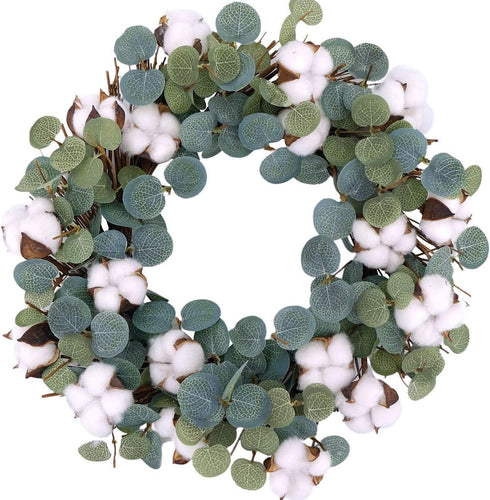 Idyllic Eucalyptus and Cotton Wreath, 14 Inches Artificial Wreath on a Natural Twig Base for Farmhouse, Garden, Wedding, Decor...